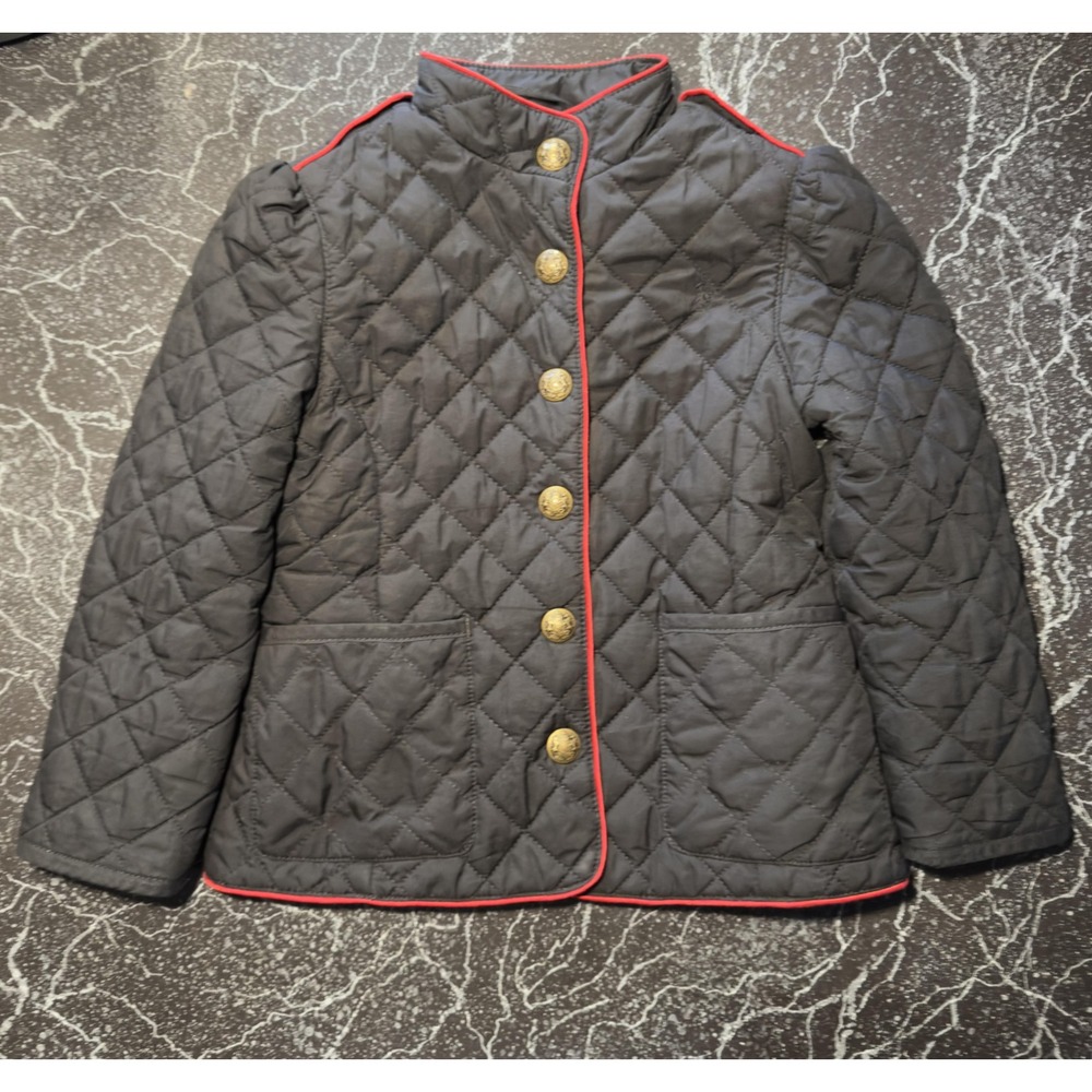 Polo Ralph Lauren Jacket Kids 10-12 Black Quilted Red Piping Gold Buttons